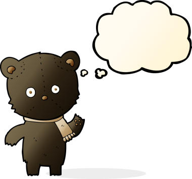 Bir insan tarafından çizilmiş düşünce balonlu siyah ayı sallayan çizgi film.