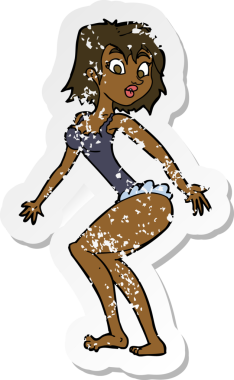 Bir insan tarafından çizilmiş iç çamaşırlı bir karikatür kadının gerilimli çıkartması.