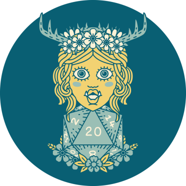 Retro Dövme Biçimi Yarı Ork Druid Bir insan tarafından çizilmiş 20 zar ile