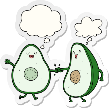 Düşünce baloncuklu avokadolar insan tarafından çizilmiş bir çıkartma.