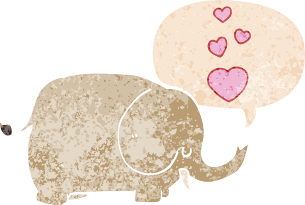 Sevgi dolu karikatür fili, konuşma baloncuğu olan, grunge 'da kederli, insan dokusuyla çizilmiş.