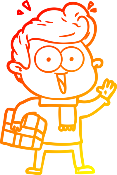 Sıcak bir çizgi film çizimi. Heyecanlı bir adam. Bir insan tarafından çizilmiş bir hediye.