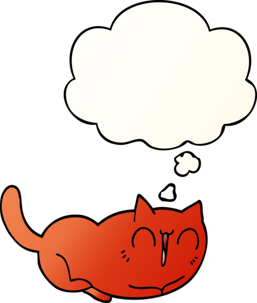 Mutlu çizgi film kedisi bir insan tarafından çizilmiş yumuşak eğimli düşünce baloncuğu ile