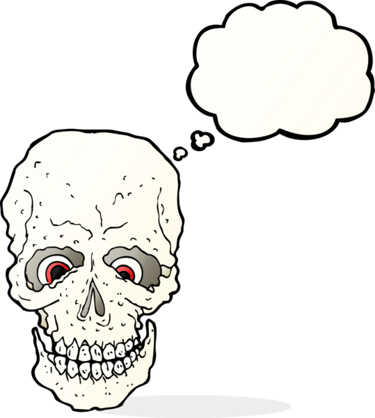 Bir insan tarafından çizilmiş düşünce baloncuklu garip kafatası.