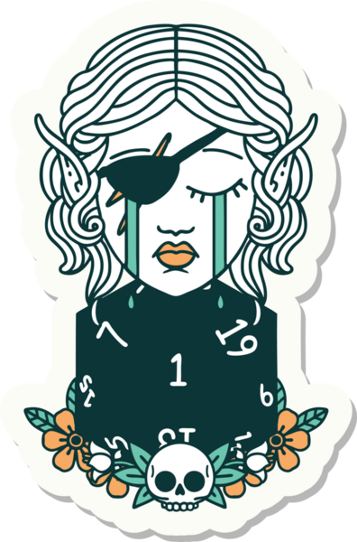 Ağlayan bir elf karakterinin çıkartması. İnsan tarafından çizilmiş doğal bir D20 yuvarlak yüzlü.