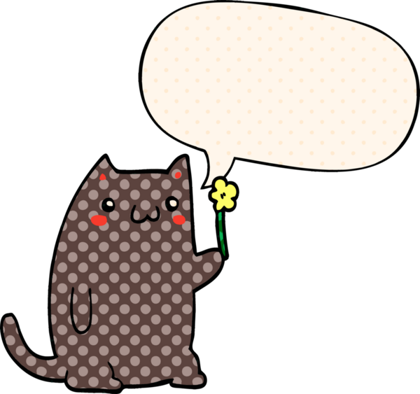 Bir insan tarafından çizilmiş çizgi roman tarzında konuşma balonu olan sevimli bir çizgi film kedisi.