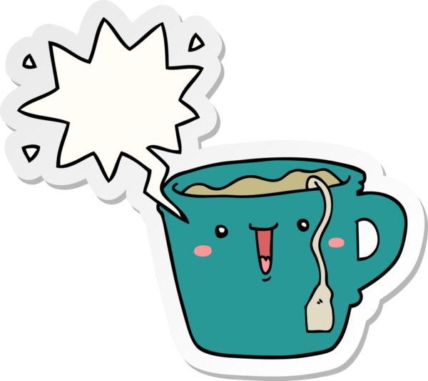 Bir insan tarafından çizilmiş baloncuk çıkartmalı şirin çizgi film kahve fincanı.