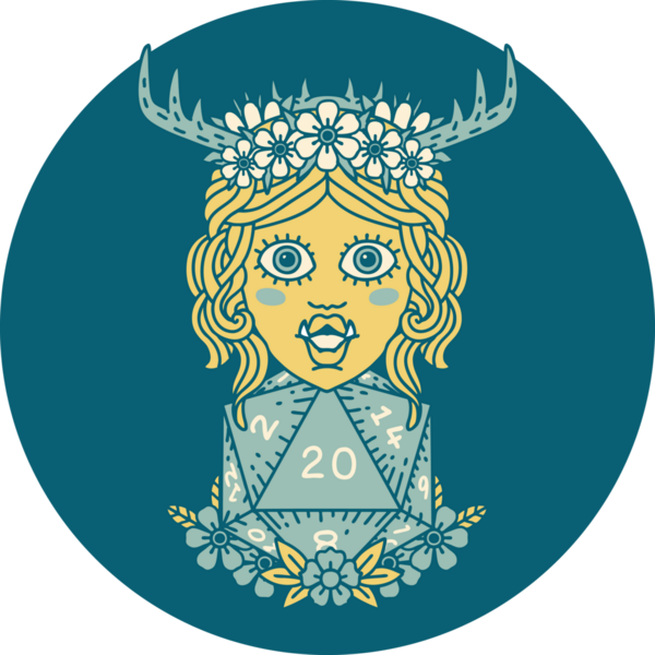 Retro Dövme Biçimi Yarı Ork Druid Bir insan tarafından çizilmiş 20 zar ile