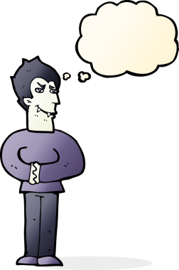 Bir insan tarafından çizilmiş düşünce baloncuğu olan bir vampir.