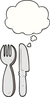 Bir insan tarafından çizilmiş düşünce baloncuklu çatal ve bıçak.