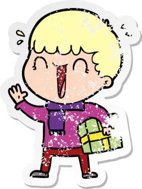 Bir insan tarafından çizilmiş, gülen bir çizgi film karakterinin sıkıntılı çıkartması.