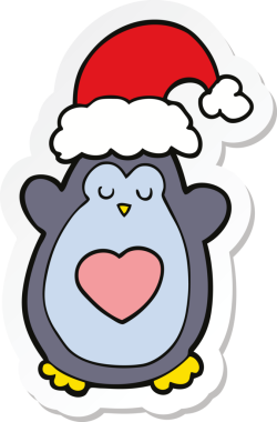 Bir insan tarafından çizilmiş şirin bir Noel pengueninin çıkartması.