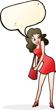 Bir insan tarafından çizilmiş konuşma balonuyla el çantasına bakan karikatür kadın.