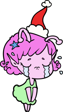 Bir insan tarafından çizilmiş, ağlayan, Noel Baba şapkası takan uzaylı bir kızın el çizimi.