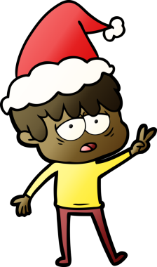 Bir insan tarafından çizilmiş Noel Baba şapkası giymiş yorgun bir çocuğun el çizimi karikatürü.