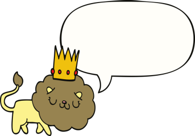 Bir insan tarafından çizilmiş konuşma baloncuklu taç takmış çizgi film aslanı.