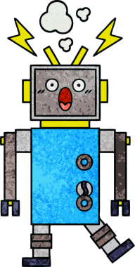 Bir insan tarafından çizilmiş arızalı bir robotun retro grunge desen karikatürü
