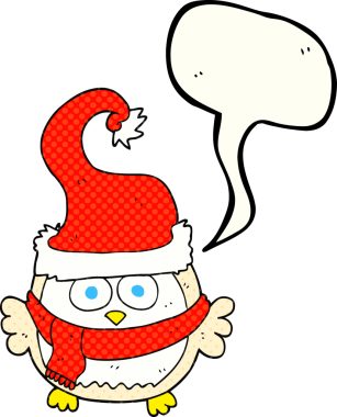 Bir insan tarafından çizilmiş noel şapkası giyen bir baykuş çizilmiş.