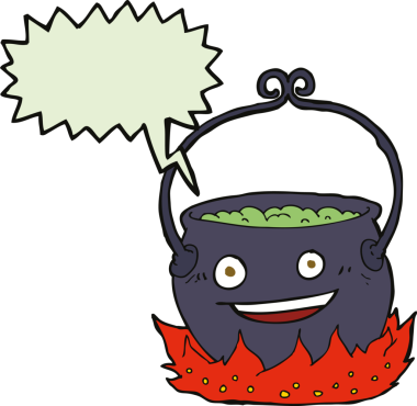 Bir insan tarafından çizilmiş konuşma balonlu cadı kazanı.