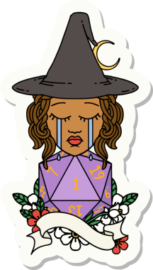 Bir insan cadısının çıkartması. Bir insan tarafından çizilmiş doğal bir D20 rulo.