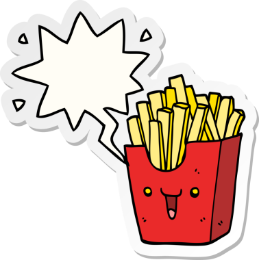 Bir insan tarafından çizilmiş konuşma kabarcığı çıkartmalı patates kızartması kutusu.