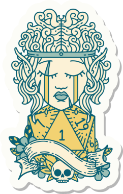 Ağlayan bir elf barbarının çıkartması. İnsan tarafından çizilmiş bir d20 ruloya bak.