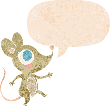 grunge 'da konuşma baloncuğu olan çizgi film faresi bir insan tarafından çizilmiş gerilimli retro desenli