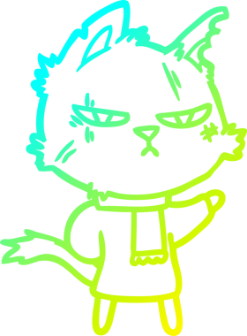 Kışın bir insan tarafından çizilen eşarplı sert bir karikatür kedisinin soğuk gradyan çizimi