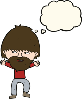 Bir insan tarafından çizilmiş düşünce balonlu sakallı mutlu adam çizgi filmi.