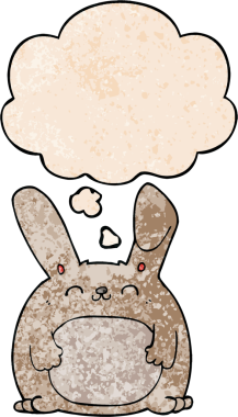 Bir insan tarafından çizilmiş grunge desenli düşünce baloncuklu çizgi film tavşanı.