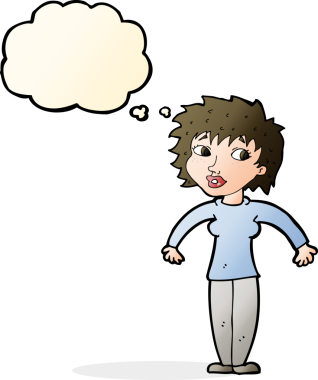 Bir insan tarafından çizilmiş düşünce baloncuğuyla omuz silken çizgi film kadını.