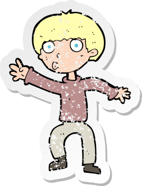 Bir insan tarafından çizilmiş el sallayan çizgi film karakterinin gerilimli çıkartması.