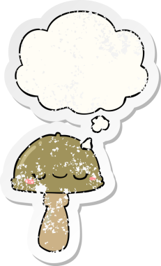Düşünce baloncuğu olan karikatür mantarı insan tarafından çizilmiş yıpranmış bir çıkartma.