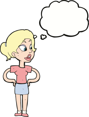 Bir insan tarafından çizilmiş düşünce baloncuğu olan elleri kalçasında çizgi film kadını.