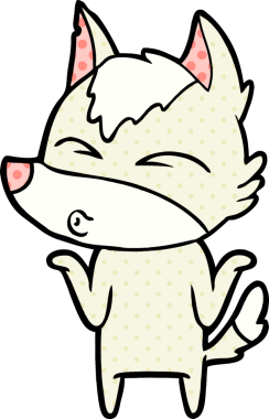 Bir insan tarafından çizilmiş omuzlarını silkeleyen kurt çizgi filmi.