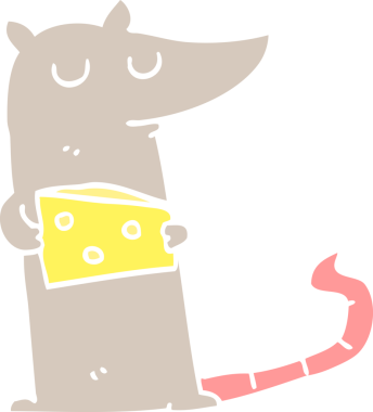 Bir insan tarafından çizilmiş peynirli düz renk çizgi film faresi