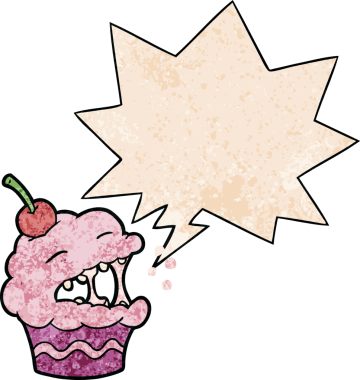 Bir insan tarafından çizilmiş geçmişe dönük konuşma baloncuklu komik bir kek.