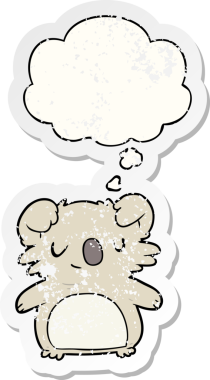 Düşünce baloncuklu çizgi film koalası insan tarafından çizilmiş yıpranmış bir çıkartma.