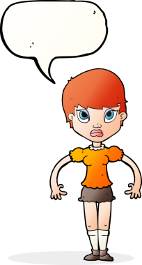 Bir insan tarafından çizilen konuşma baloncuğundan rahatsız olan bir karikatür kadın.