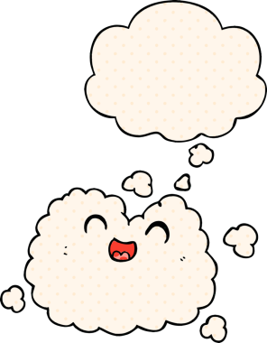 Çizgi roman tarzında bir insan tarafından çizilmiş düşünce balonlu mutlu duman bulutu.