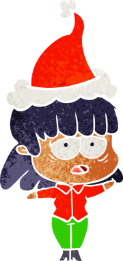 Bir insan tarafından çizilmiş Noel Baba şapkası giyen yorgun bir kadının el çizimi karikatürü.