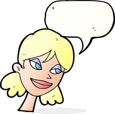 Bir insan tarafından çizilmiş konuşma balonlu mutlu kadın yüzü.