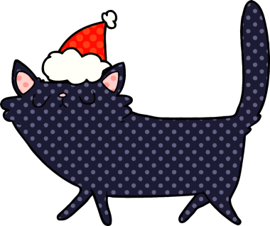 Bir insanın çizdiği Noel Baba şapkası takan siyah bir kedinin el çizimi çizgi roman çizimi.