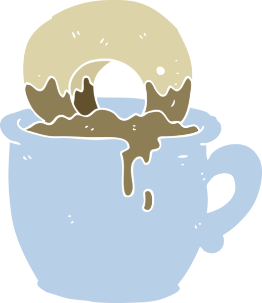 Bir insanın çizdiği kahveye batırılmış donutun düz renk çizimi