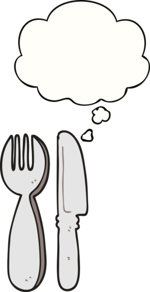 Bir insan tarafından çizilmiş düşünce baloncuklu çatal ve bıçak.