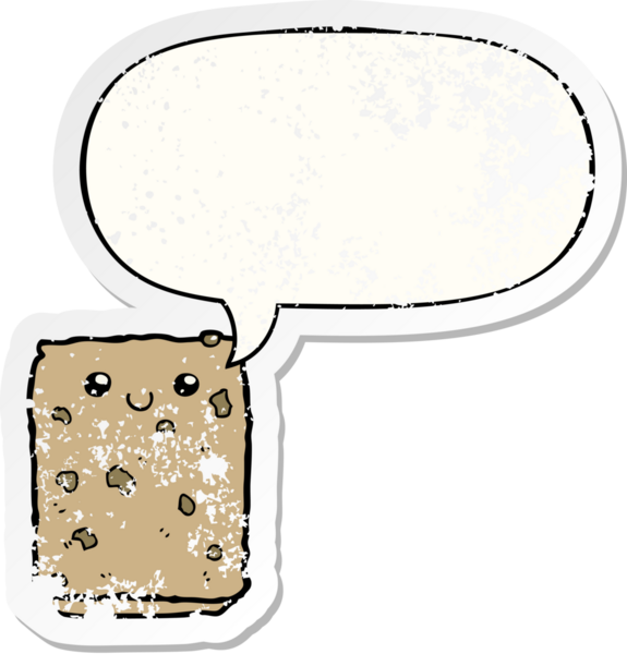 Konuşma balonlu çizgi film bisküvisi bir insan tarafından çizilmiş sıkıntılı eski bir çıkartma