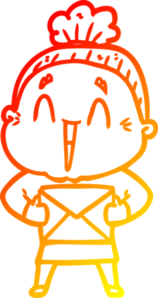 Bir insan tarafından çizilmiş mutlu, yaşlı bir kadının sıcak çizgi çizimi.