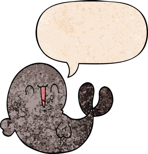 Konuşma baloncuğu olan sevimli bir çizgi film balinası insan tarafından çizilmiş.