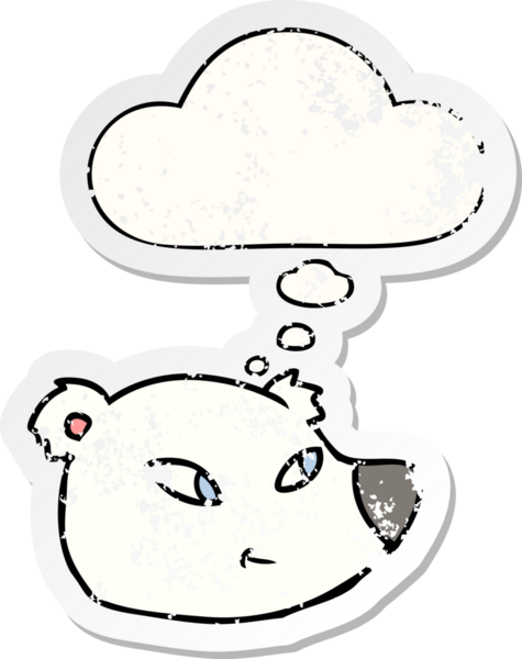 Karikatür kutup ayısı yüzü. Düşünce baloncuğu insan tarafından çizilmiş yıpranmış bir çıkartma gibi.