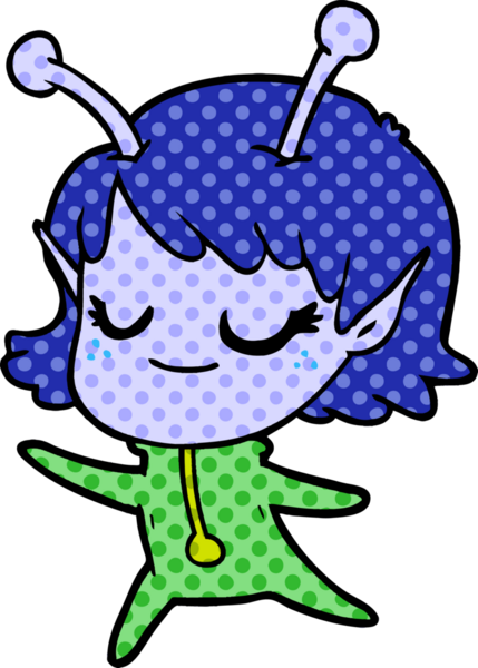 Bir insan tarafından çizilmiş gülümseyen uzaylı kız çizgi filmi.